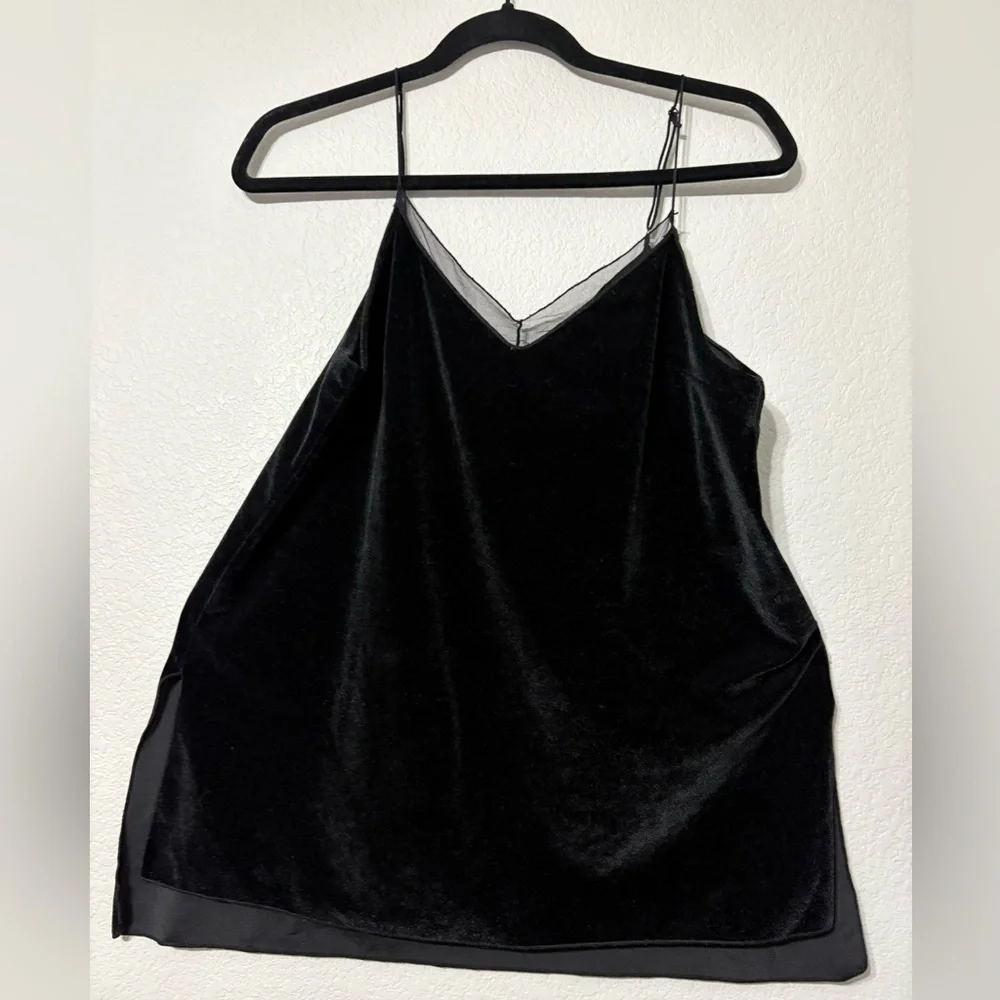 Intimately Free People Black Velvet Camisole with Mesh Lace Detail, Side‎ Slits.